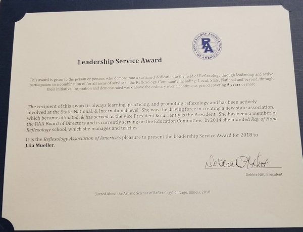 Leadership Award from Reflexology Association of America 2018